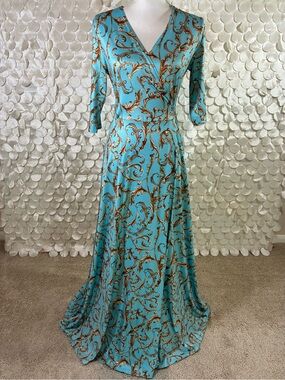 Turquoise & Brown Baroque Print Maxi Dress - 3/4 Sleeve V-Neck Small